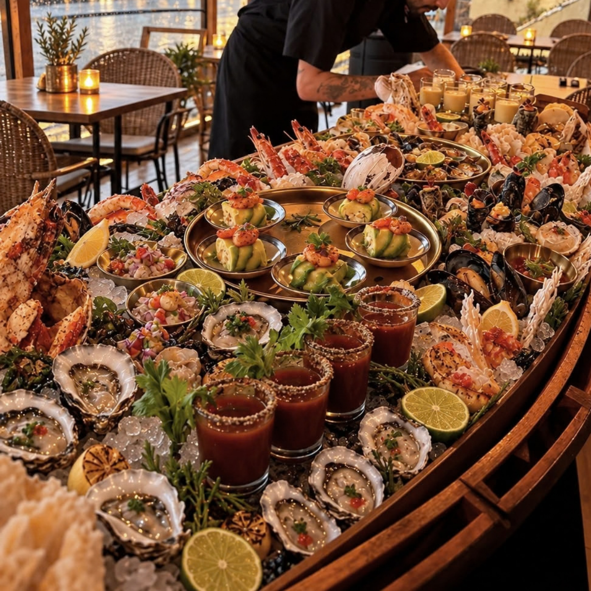 Barra de mar con ostras, ceviches y mariscos frescos en Winecaina Concón